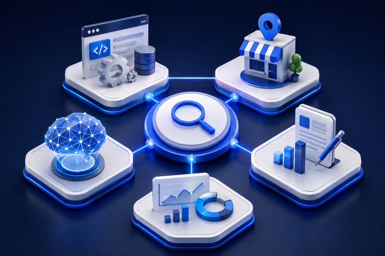 Connected technical, local, content, analytics and AI search services