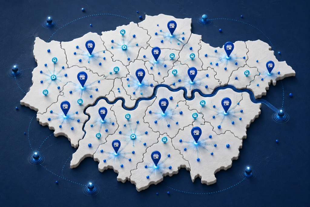 Greater London borough map with local search visibility clusters